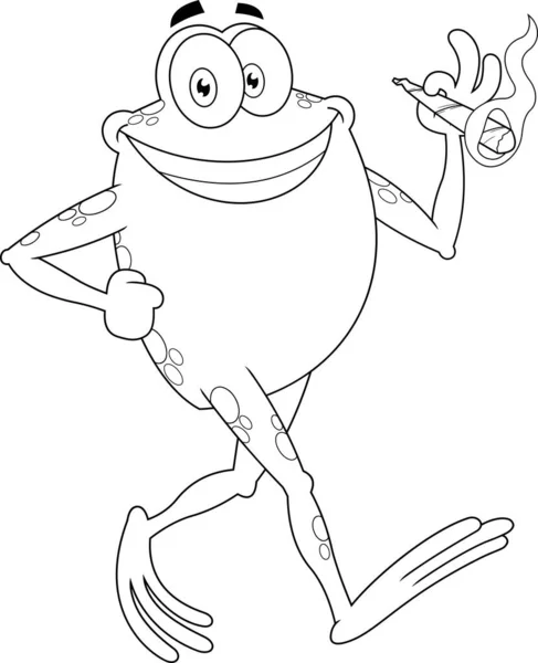 Nástin Funny Frog Cartoon Character Walking Smoking Joint Vektorové Ručně — Stockový vektor