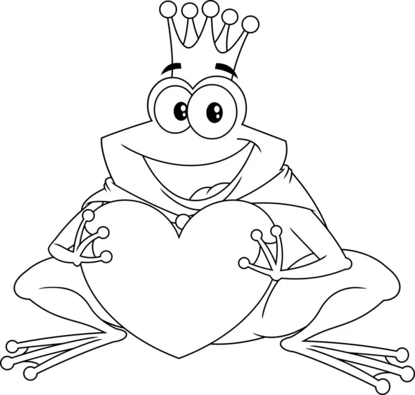 Outlined Frog Prince Crown Cartoon Character Holding Love Heart Vector — Stock Vector