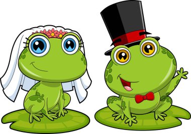 Cute Frogs Cartoon Characters Newlyweds. Raster Hand Drawn Illustration Isolated On White Background clipart