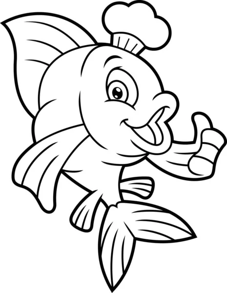 Personaggio Del Cartone Animato Dello Chef Pesce Delineato Che Mostra — Vettoriale Stock