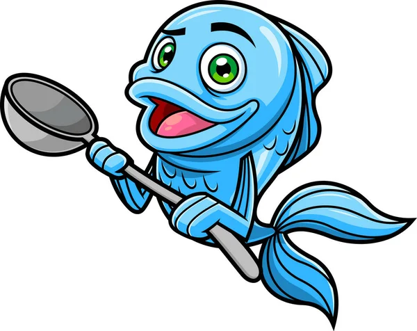 Happy Fish Chef Personaje Dibujos Animados Sosteniendo Una Cuchara Grande — Vector de stock