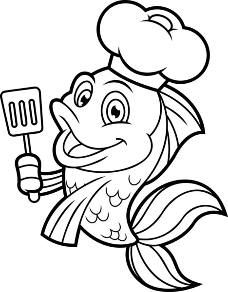 Outlined Cute Fish Chef Cartoon Character Holding Slotted Spatula Raster — Stock Vector