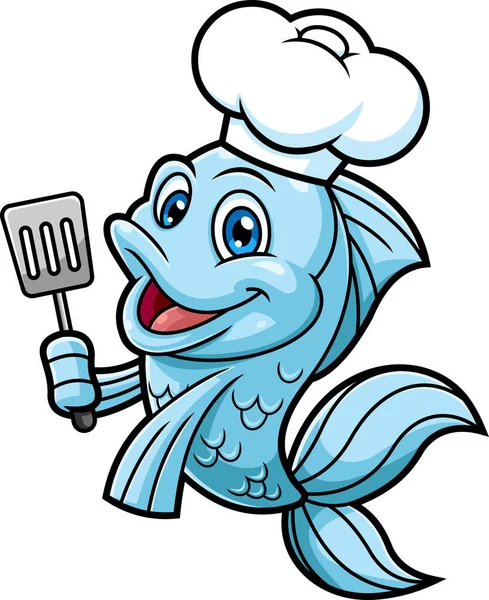 かわいい魚のシェフ漫画のキャラクターがスロットスパチュラを保持します ラスターハンドドローイラスト イラストは白を基調に分離 — ストックベクタ