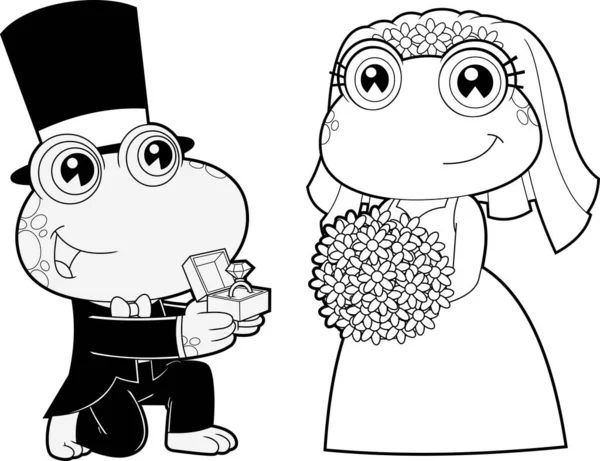 Outlined Cute Frogs Cartoon Characters Newlyweds Raster Hand Drawn Illustration — Stock Vector