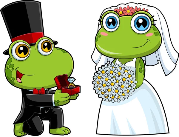 可爱的青蛙卡通人物塑造了新婚夫妇 在白色背景下孤立的栅格手绘图解 — 图库矢量图片