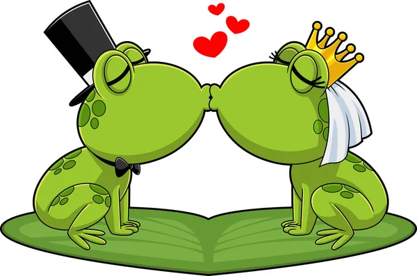 귀여운 개구리 캐릭터 Newlyweds Kissing 백지에서는 손으로 그림을 고립시켰다 — 스톡 벡터