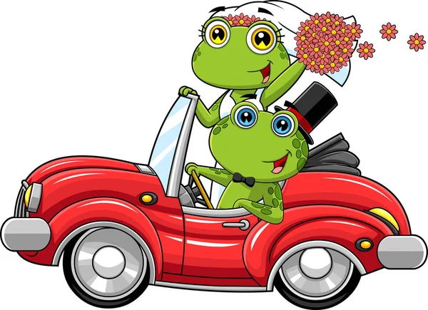Just Married Frogs Cartoon Characters Red Car Raster Hand Drawn — Stock Vector