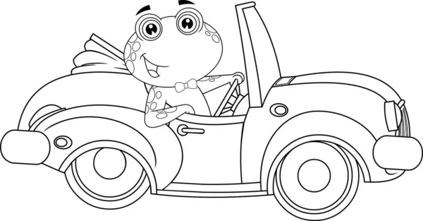 Outlined Cute Frog Cartoon Character Drives Red Sports Car Dalam - Stok Vektor