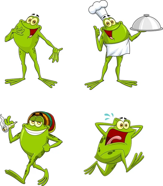 卡通集可爱可爱有趣的绿色青蛙 — 图库矢量图片