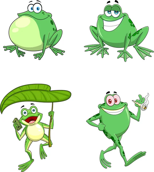 Cartoon Set Von Niedlichen Und Entzückenden Lustigen Grünen Fröschen — Stockvektor