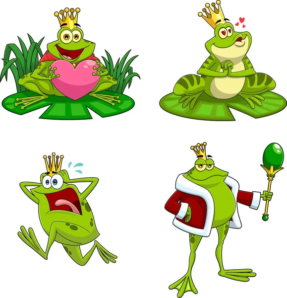 Мультфильм Набор Милые Очаровательные Смешные Зеленые Лягушки — стоковый вектор