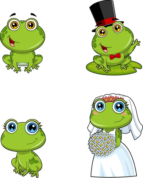 Cartoon Set Cute Adorable Funny Green Frogs — Stock Vector