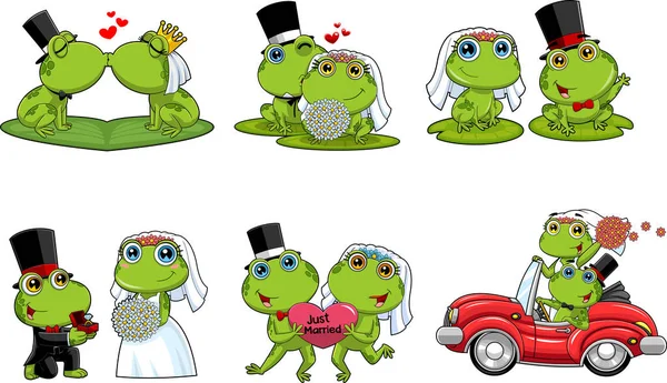 Cartoon Set Cute Adorable Funny Green Frogs — Stock Vector