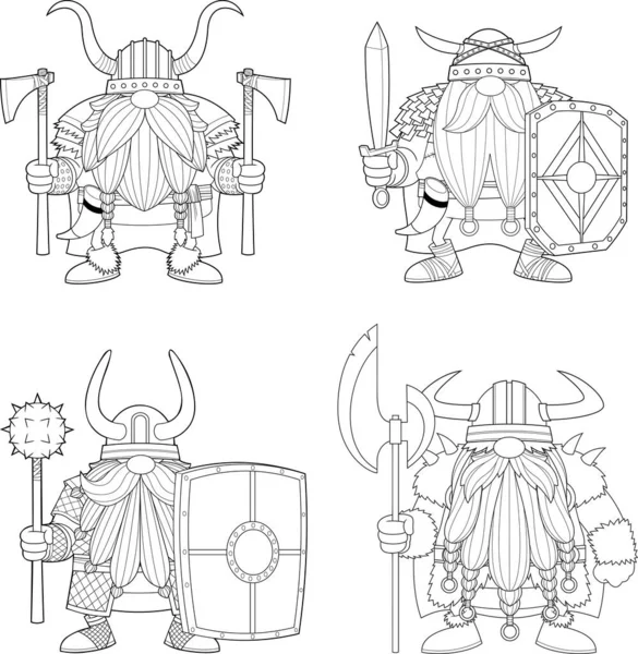 Conjunto Personajes Dibujos Animados Estilizados Vikingos Ilustración Vectorial — Vector de stock
