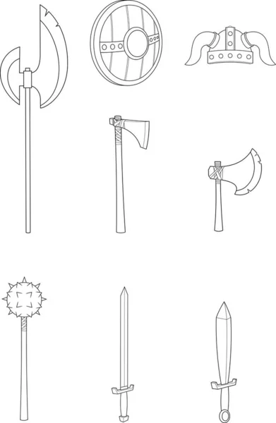 Sada Viking Zbraně Stylizované Kreslené Ikony Vektorové Ilustrace — Stockový vektor