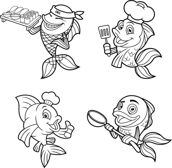 Набор Стилизованных Рыбу Персонажей Мультфильмов Векторная Иллюстрация — стоковый вектор