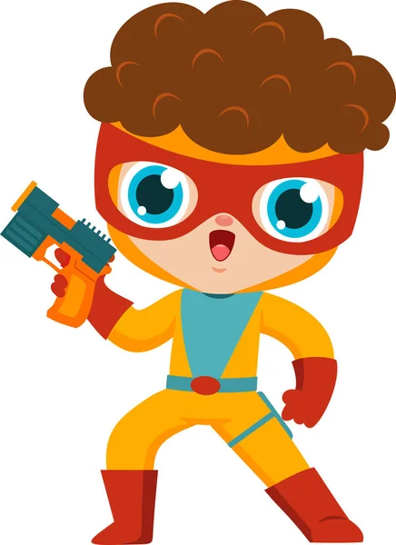 Super Held Jongen Cartoon Karakter Met Pistool — Stockvector