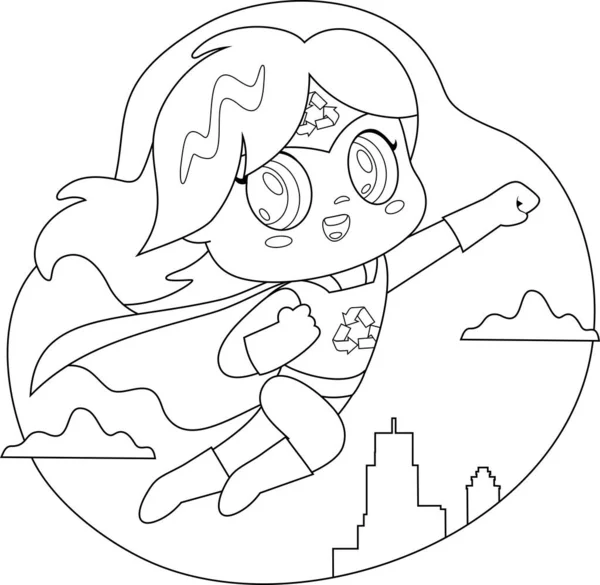Little Girl Superhero Cartoon Character Recycle Sign — Stok Vektör