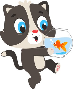 Kasede balık tutan sevimli bir kedi tasviri