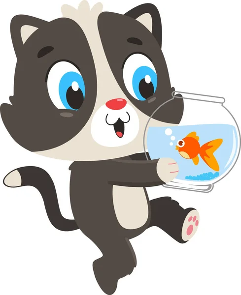 Illustrazione Simpatico Gatto Che Tiene Pesce Ciotola — Vettoriale Stock