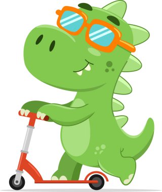 Scooter süren Şirin Bebek Dinozor Çizgi Filmi Karakteri. Raster Resimli Daire Tasarımı Beyaz Arkaplanda İzole Edildi