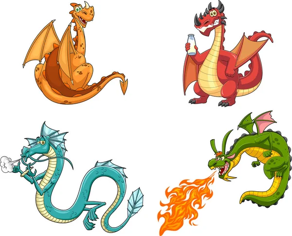 Carino Drago Personaggi Dei Cartoni Animati Set Raccolta Disegnato Mano — Vettoriale Stock