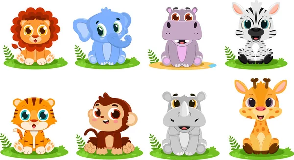 Bonito Bebê Safari Animais Desenhos Animados Personagens Conjunto Coleção Design — Vetor de Stock
