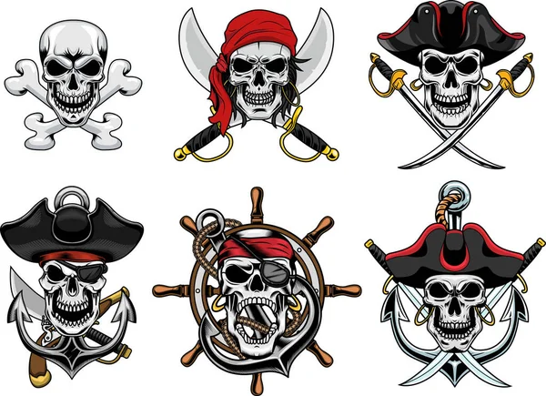 Pirátské Lebky Grafické Logo Design Rastrová Ručně Kreslená Sbírka Sada — Stockový vektor