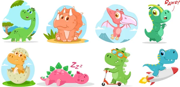 Lindos Dinosaurios Bebé Personajes Dibujos Animados Conjunto Colección Diseño Plano — Archivo Imágenes Vectoriales