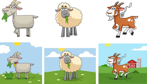 Funny Goat Sheep Cartoon Characters Sada Ručně Kreslených Kolekcí Vektorů — Stockový vektor