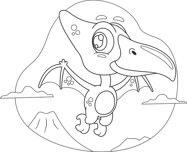Outlined Cute Baby Dinosaur Cartoon Character Flying Sky Vector Hand — Stock Vector