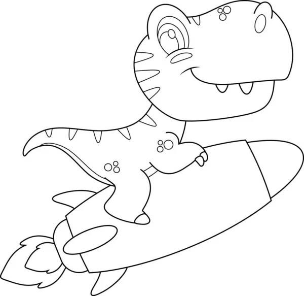 Outlined Cute Baby Dinosaur Cartoon Character Flying Rocket 타임스 외부의 — 스톡 벡터