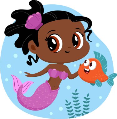 Su altında balıklı küçük bir denizkızı çizimi. 