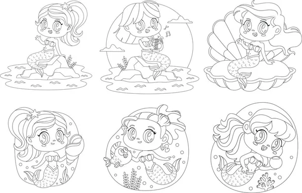 Set Cartoon Little Mermaid Girls Coloring Image — Stock Vector