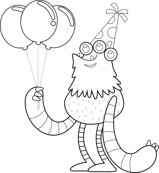 Outlined Birthday Monster Cartoon Character Party Hat Holding Balloons Vector — Stock Vector