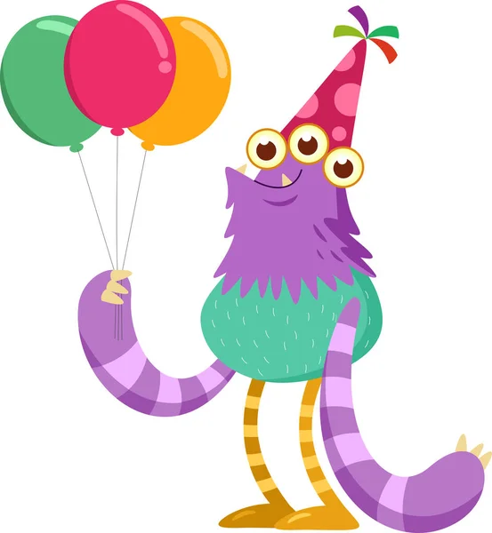 Caráter Desenho Animado Monstro Aniversário Com Chapéu Festa Segurando Balão — Vetor de Stock