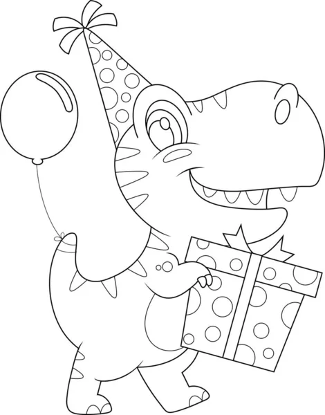 Caráter Engraçado Dos Desenhos Animados Dinossauro Aniversário Esboçado Com Chapéu —  Vetores de Stock