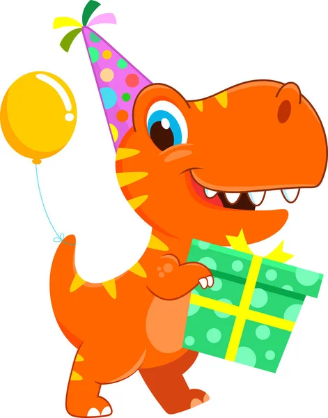 おかしい誕生日恐竜漫画キャラクターとパーティー帽子ギフトボックスを保持しています 透明な背景で分離されたベクトルイラスト素材フラットデザイン — ストックベクタ