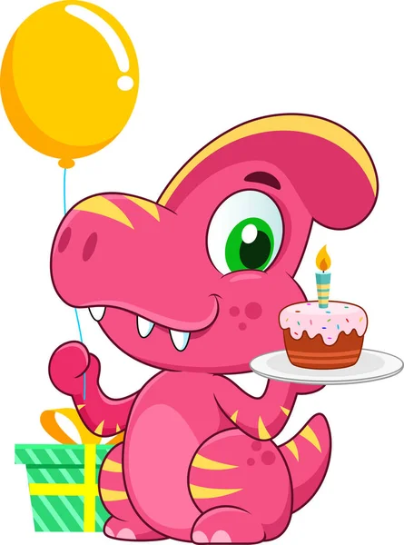 おかしい恐竜の漫画のキャラクターは パーティー帽子をかぶり 誕生日ケーキを保持しています 透明な背景で分離されたベクトルイラスト素材フラットデザイン — ストックベクタ
