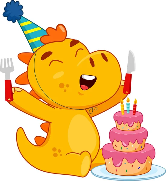 幸せな恐竜の漫画のキャラクターはフォークとナイフが付いている誕生日ケーキを見ています 透明な背景で分離されたベクトルイラスト素材フラットデザイン — ストックベクタ