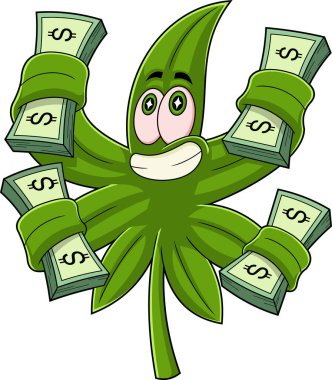 Mutlu Marihuana Bud Çizgi Film Karakteri 'nin bir dolarlık parası var. Raster Hand Çizim Resimleri Beyaz Arkaplanda İzole Edildi