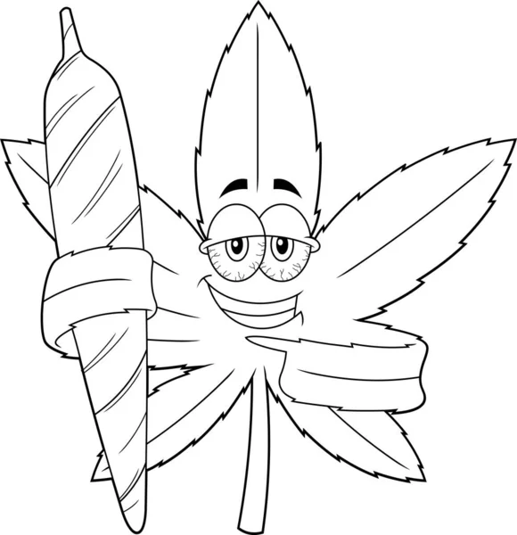 Garis Besar Crazy Marijuana Leaf Cartoon Character Holding Big Joint - Stok Vektor