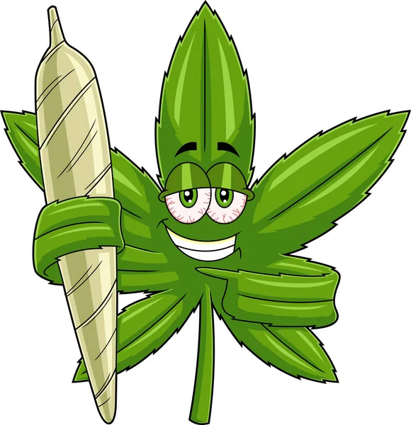 Crazy Marijuana Leaf Cartoon Character Holding Big Joint Rastrové Ručně — Stockový vektor