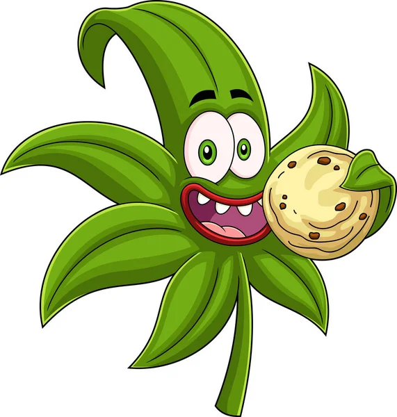 Crazy Marijuana Leaf Cartoon Character Eating Cookie Raster Hand Drawn — Stock Vector