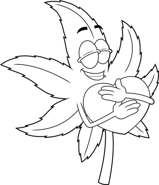 Garis Besar Happy Marijuana Bud Cartoon Character Holding Heart Vector - Stok Vektor