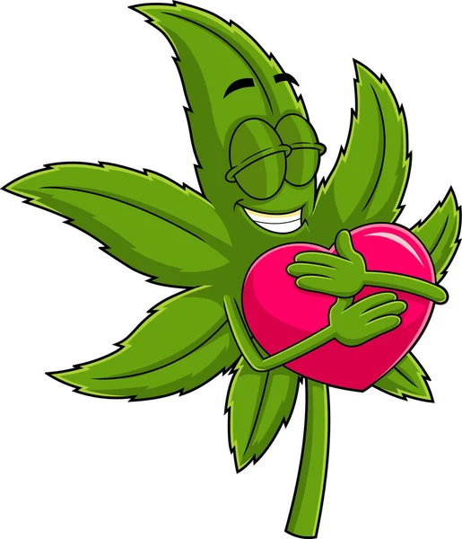 Happy Marijuana Bud Personnage Bande Dessinée Tenant Coeur Rouge Illustration — Image vectorielle