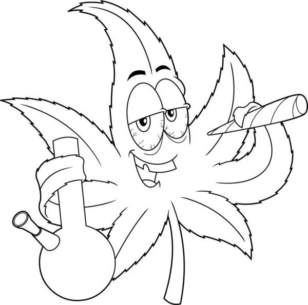 Dijelaskan Funny Marijuana Leaf Cartoon Character Smoking Bong Raster Hand - Stok Vektor