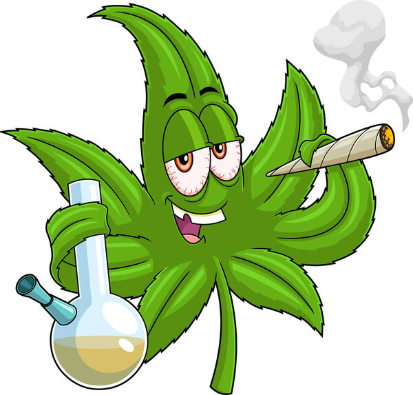 Funny Marijuana Leaf Cartoon Character Smoking A Bong. Raster Hand Drawn Illustration Isolated On Transparent Background