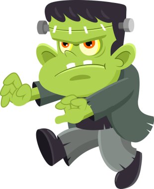 Cadılar Bayramı Frankenstein çizgi karakteri kolları açık yürüyor. Vektör Resimli Düz Tasarım Şeffaf Arkaplanda İzole Edildi