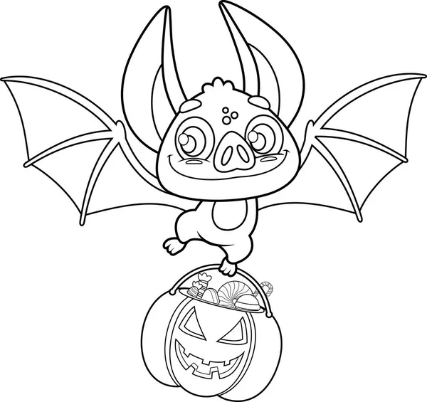 笑逐颜开的吸血鬼蝙蝠卡通人物带着一篮子南瓜糖飞舞 基于透明背景的矢量图解平面设计 — 图库矢量图片